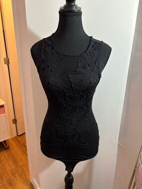 Marciano Black Lace Appliqué Sleeveless Bodysuit